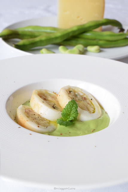 Calamari ripieni di patate e pecorino su crema di fave
