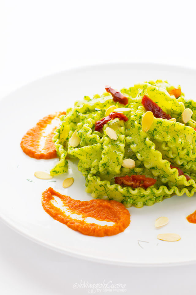 Reginette pasta with wild fennel pesto and dried tomatoes Reginette pasta with wild fennel pesto and dried tomatoes