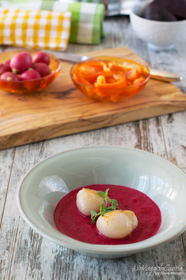 Fodder beet gazpacho with grilled scallops Fodder beet gazpacho with grilled scallops
