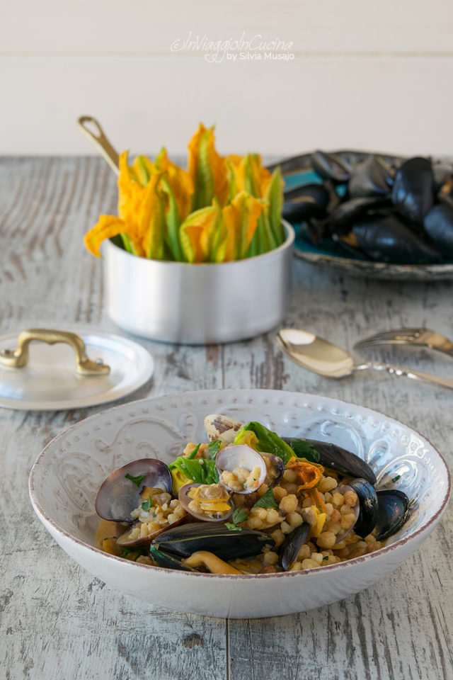 Fregola pasta with courgette flowers mussels and clams Fregola pasta with courgette flowers mussels and clams