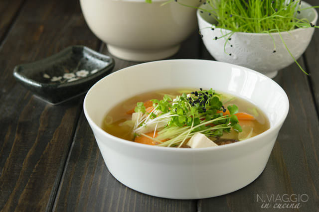 Miso soup with shiitake mushrooms and microgreens Miso soup with shiitake mushrooms and microgreens