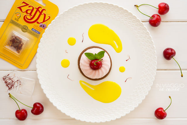 cherrymousseoncocoasablebiscuit Cherry mousse on sablé cocoa biscuit with saffron sauce
