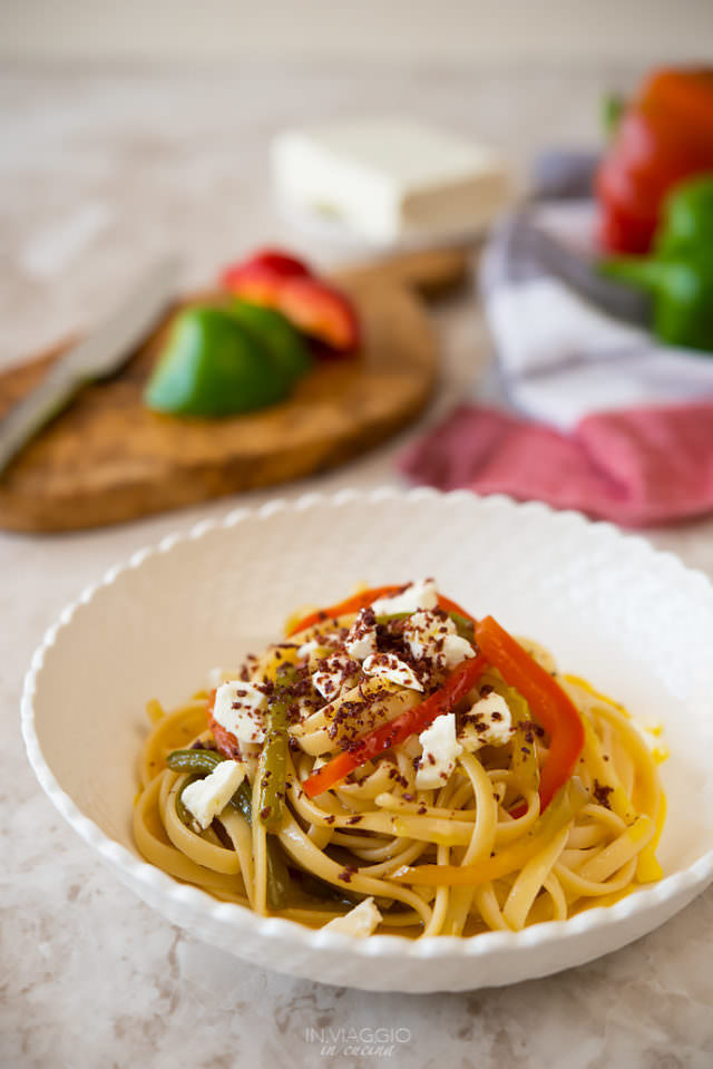 Linguine with dual texture pepper, feta cheese and olive powder Linguine with dual texture pepper, feta cheese and olive powder