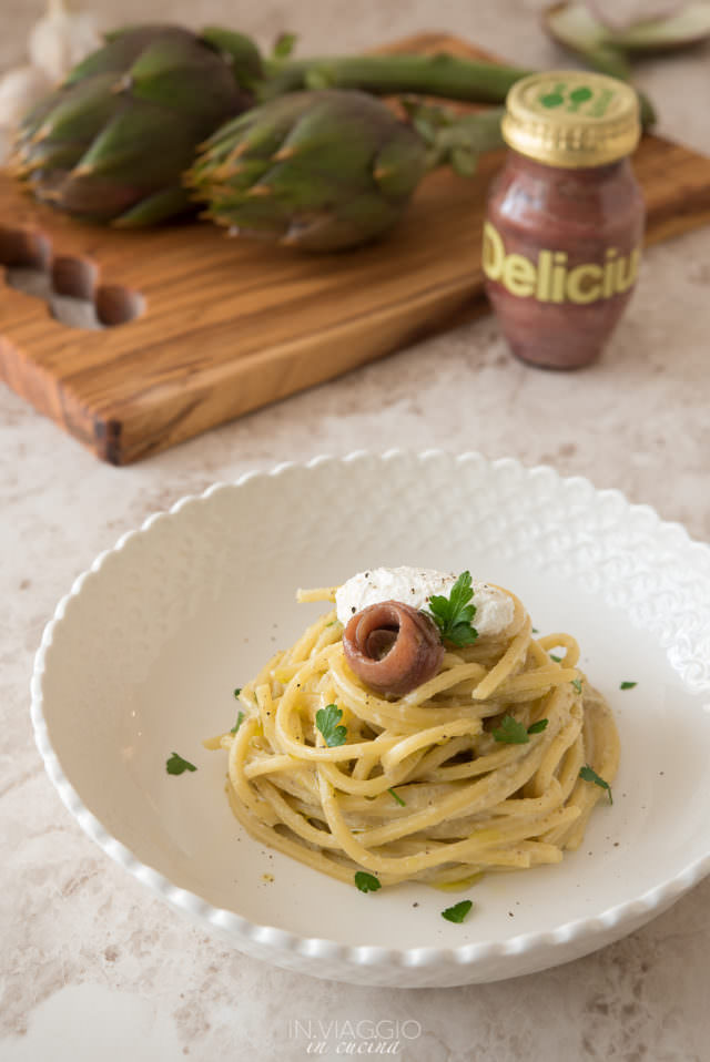 spaghetti with artichoke cream, anchovies and ricotta cheese spaghetti with artichoke cream, anchovies and ricotta cheese