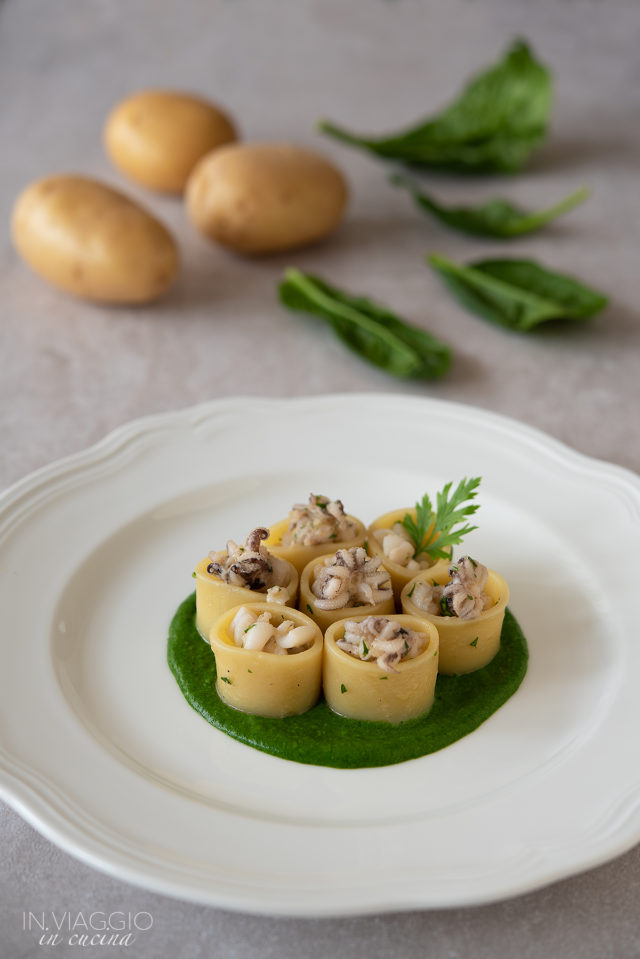 Calamarata pasta with cuttlefish and cream of potatoes and spinach Calamarata pasta with cuttlefish and cream of potatoes and spinach