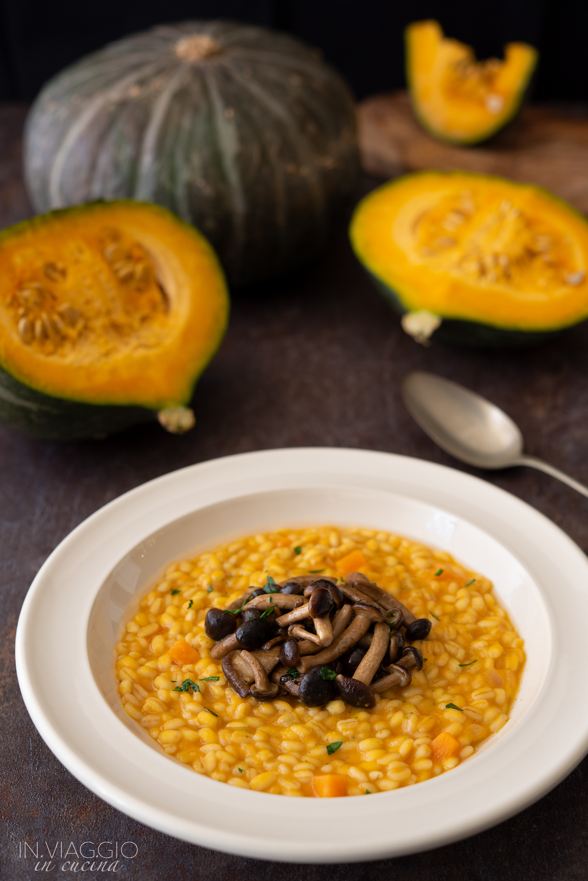 Barley risotto with pumpkin and black poplar mushrooms - In viaggio in cucina