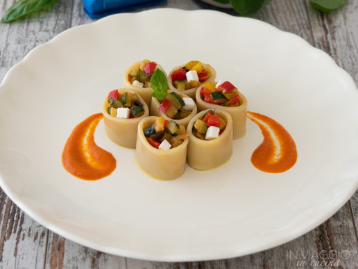 Cold pasta stuffed with ratatouille with red bell pepper sauce Cold pasta stuffed with ratatouille with red bell pepper sauce